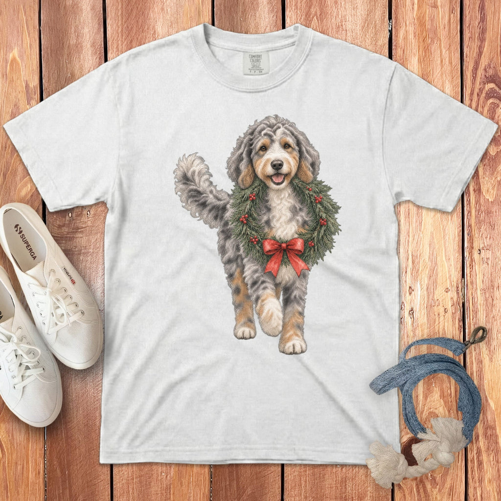 Aussiedoodle Wreath Signature T-Shirt in White / S by Puppy Jo