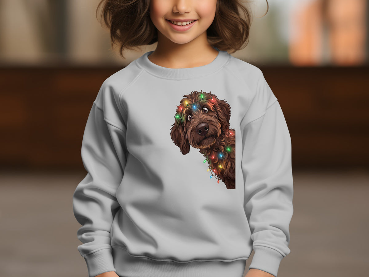 Gray sweatshirt with brown dog wearing colorful Christmas lights graphic.