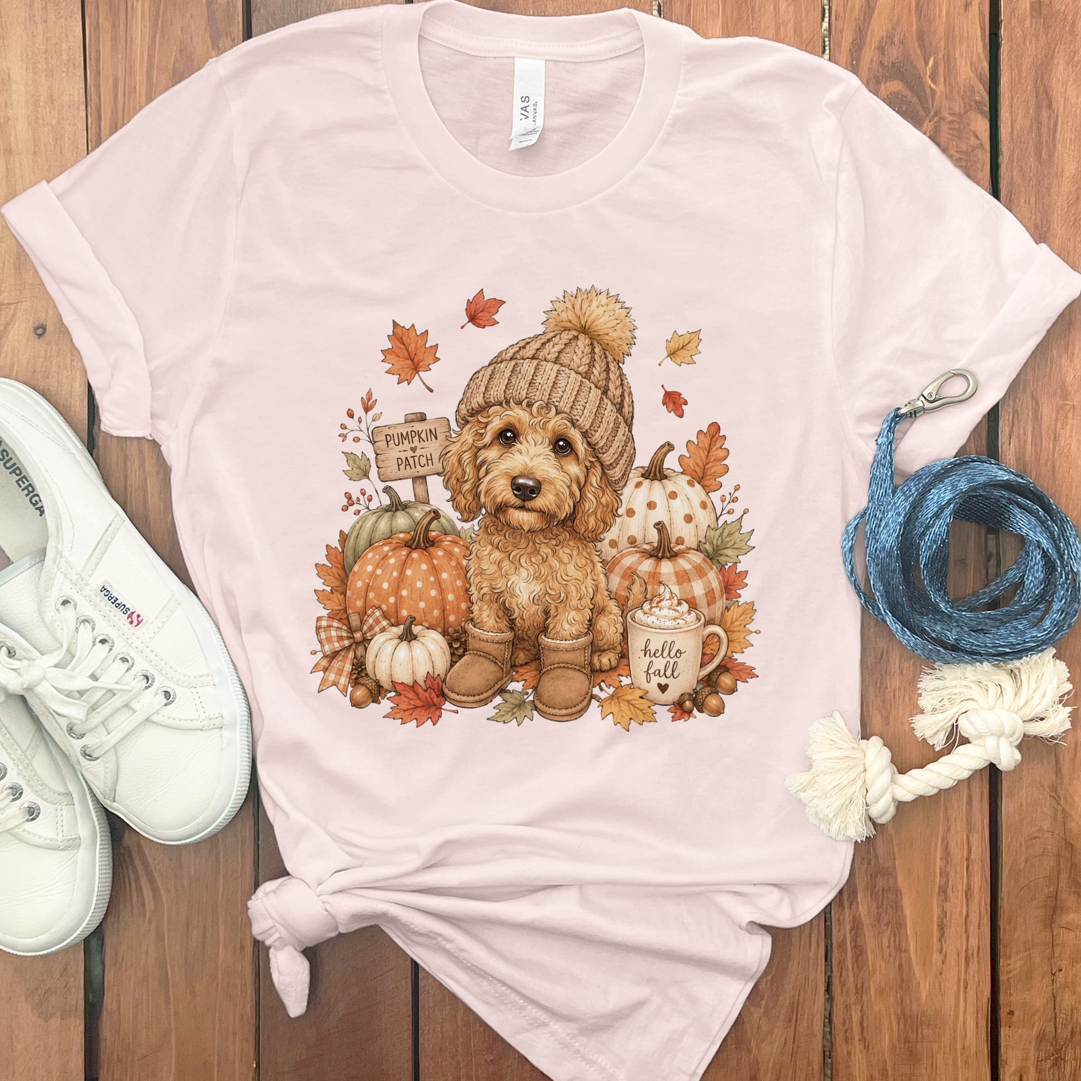 Apricot Goldendoodle Pumpkin Patch T-Shirt in Soft Pink / S by Puppy Jo