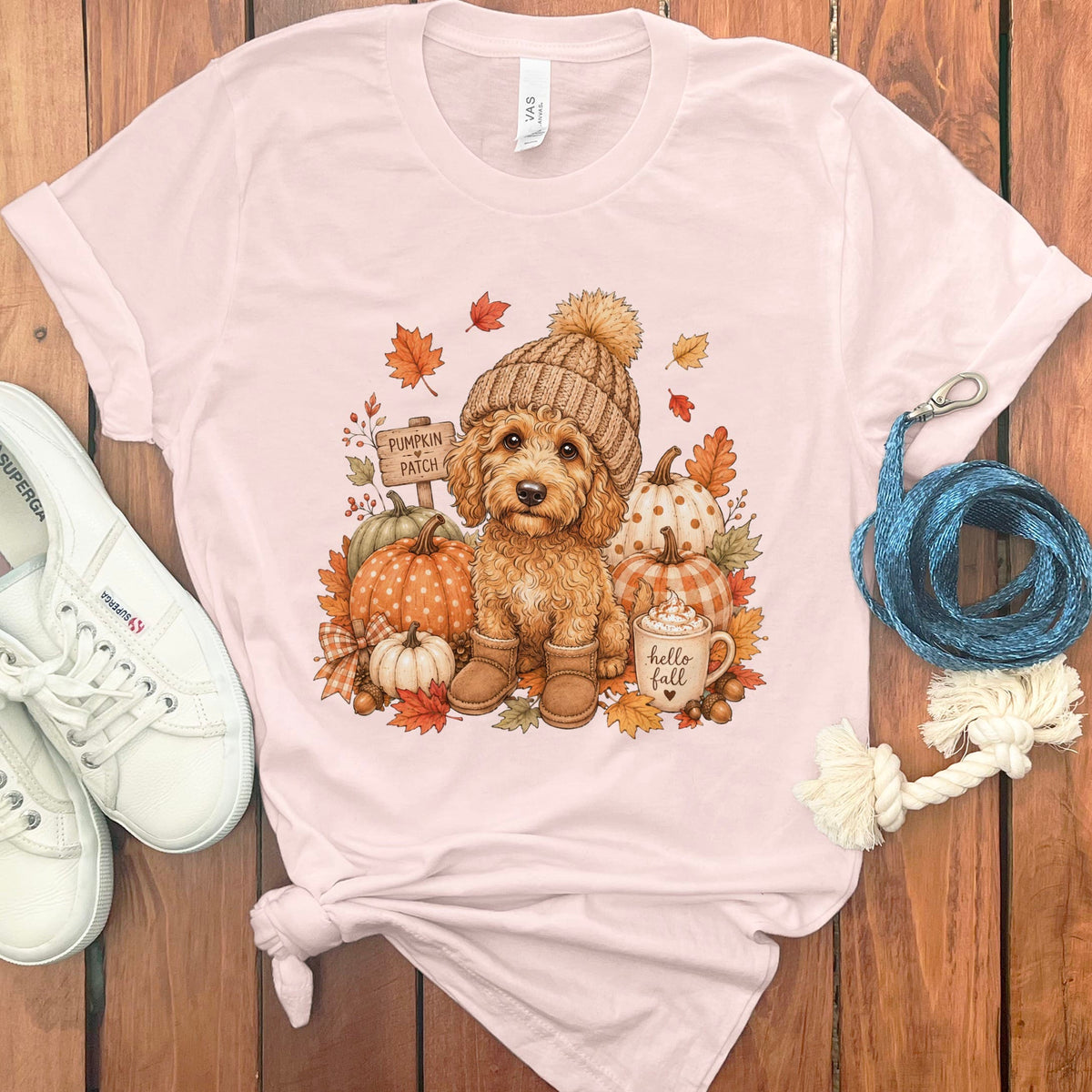 Apricot Goldendoodle Pumpkin Patch T-Shirt in Soft Pink / S by Puppy Jo