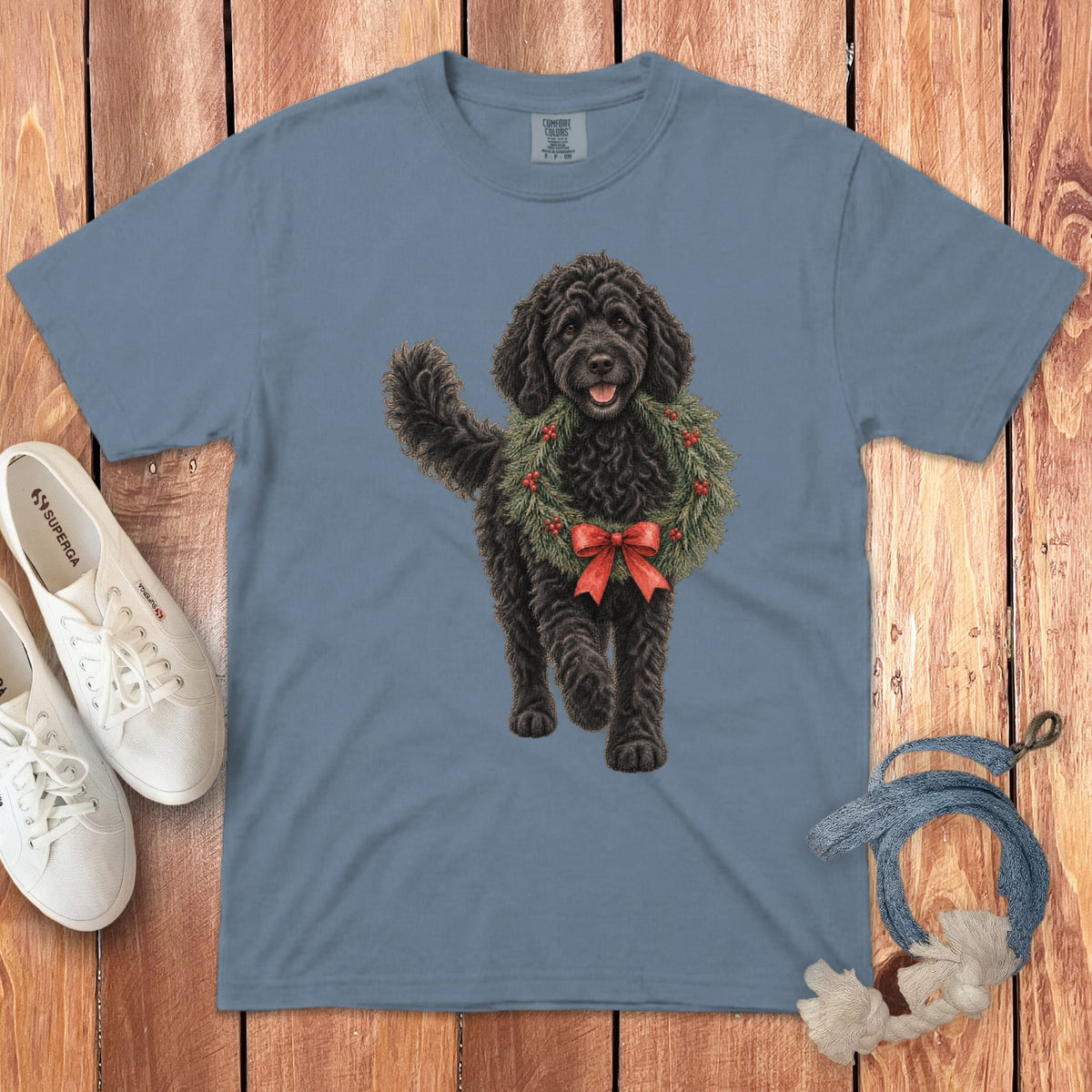 Black Goldendoodle Wreath Signature T-Shirt in Blue Jean / S by Puppy Jo