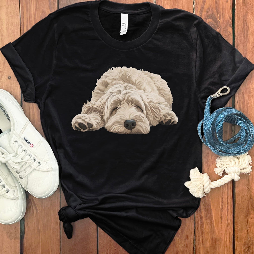 Cream Goldendoodle Snoozing T-Shirt in Black / S by Puppy Jo