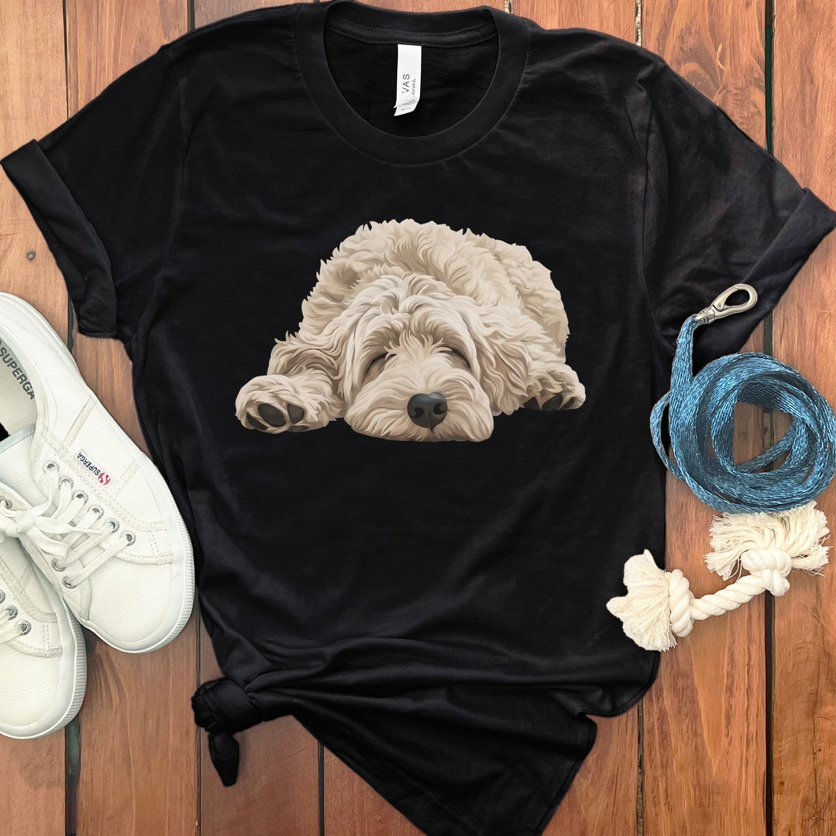 Cream Goldendoodle Snoozing T-Shirt in Black / S by Puppy Jo