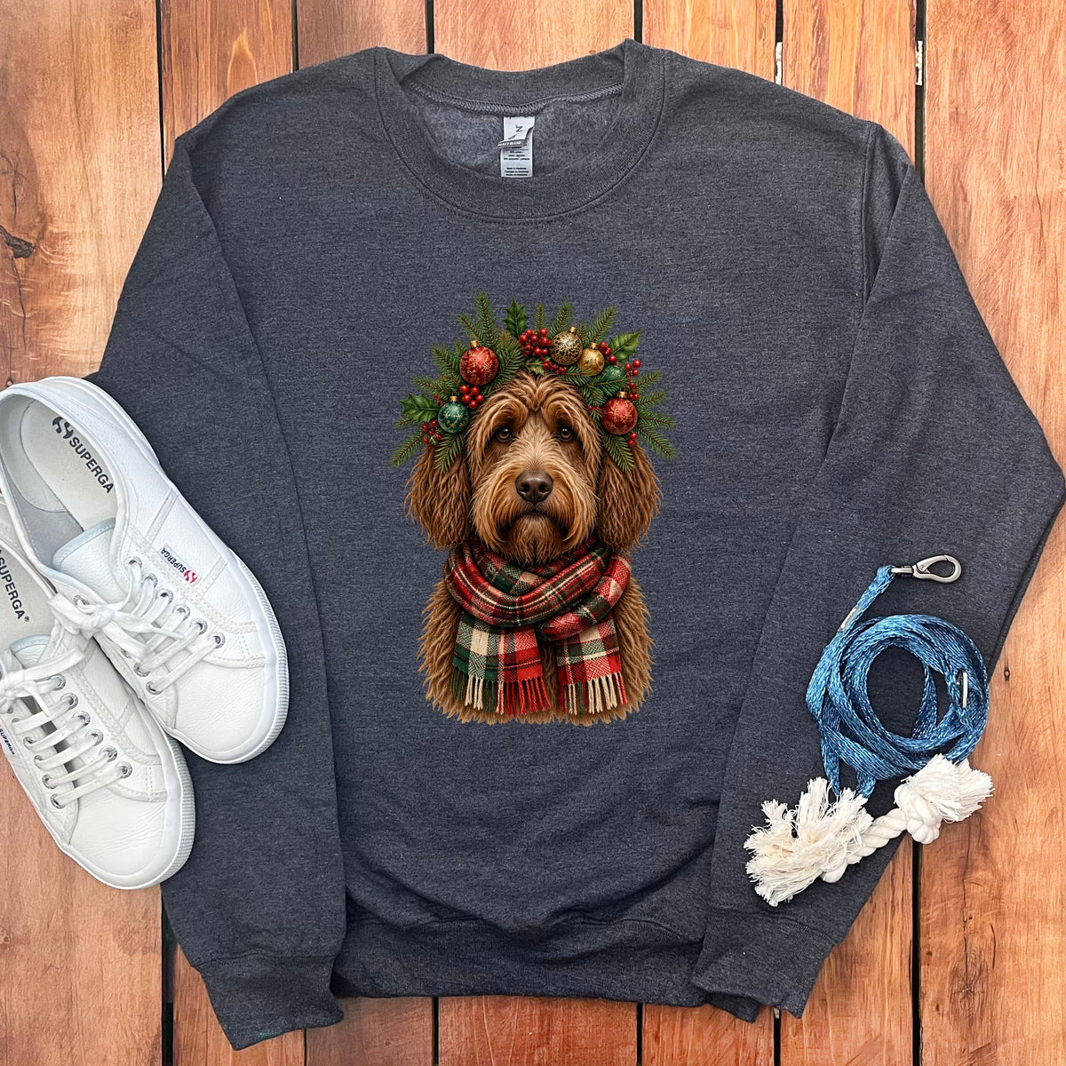 Chocolate Goldendoodle Holiday Crown Sweatshirt in Dark Heather / S by Puppy Jo