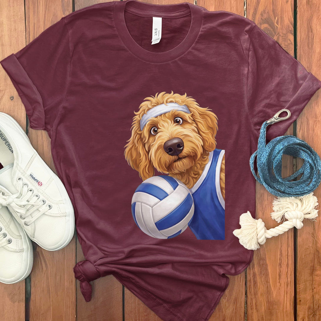 Apricot Goldendoodle Volleyball Player T-Shirt in Maroon / S by Puppy Jo
