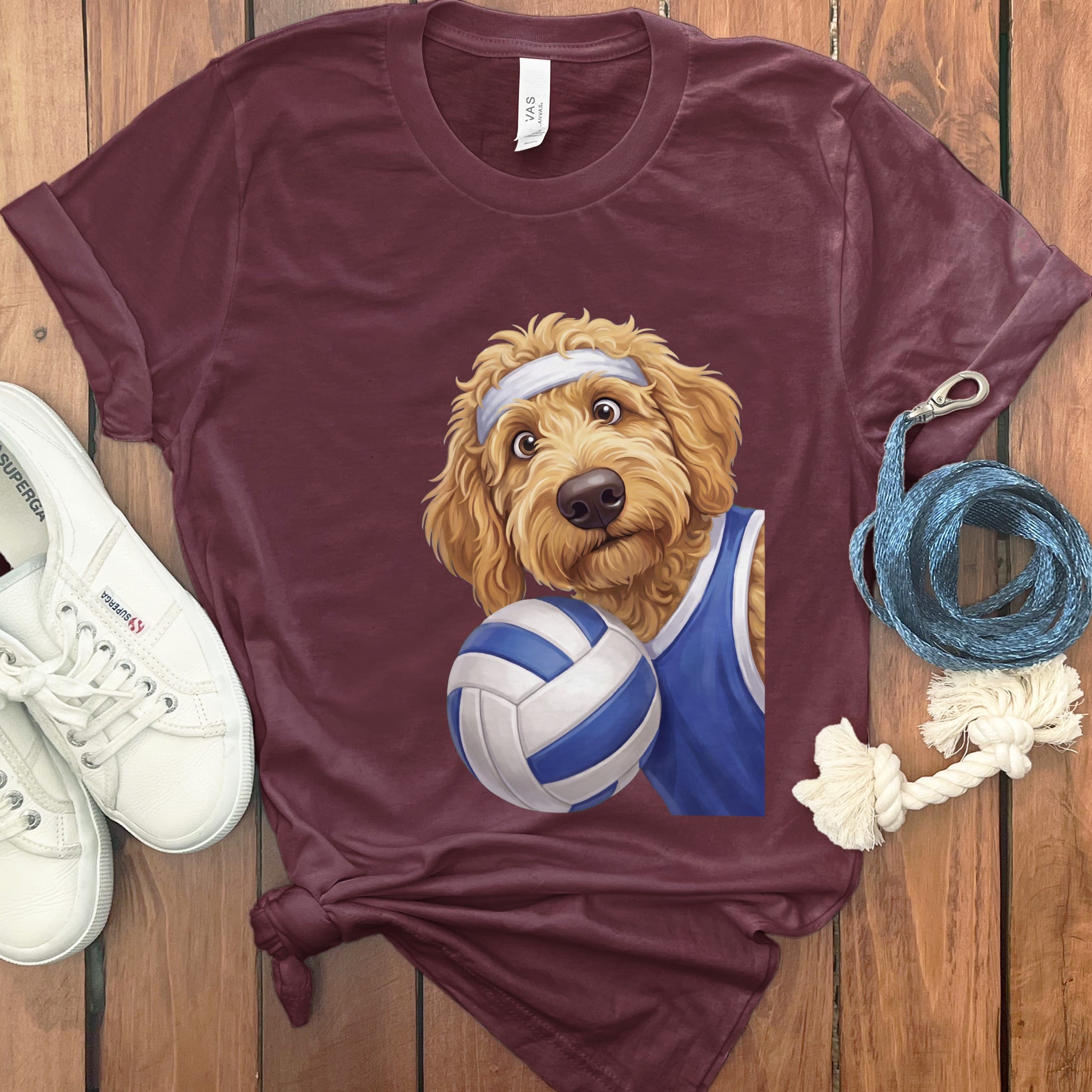 Apricot Goldendoodle Volleyball Player T-Shirt in Maroon / S by Puppy Jo