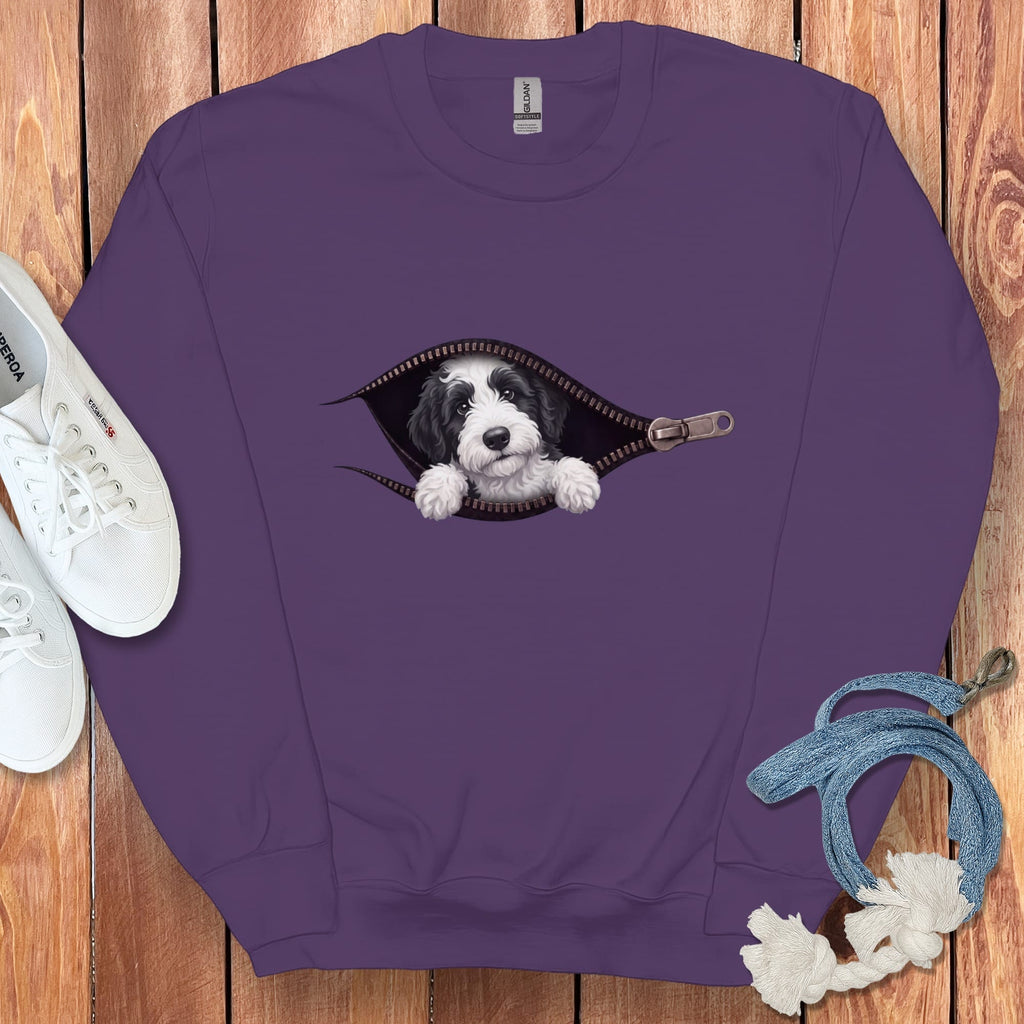 Sheepadoodle Peeking Zipper Sweatshirt in Purple / S by Puppy Jo