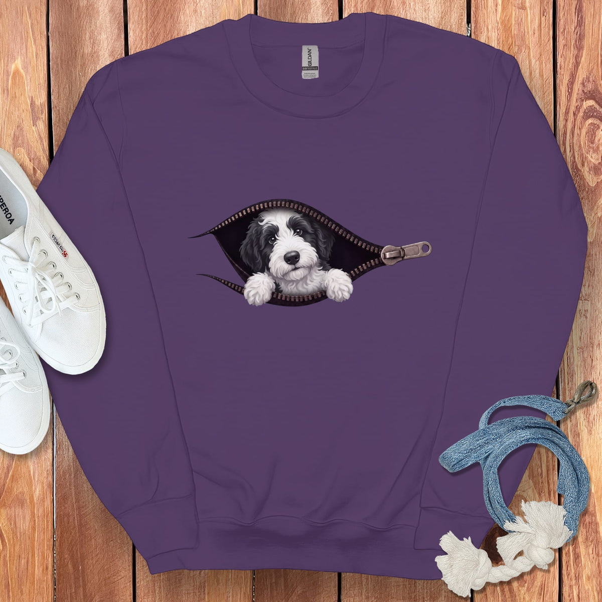Sheepadoodle Peeking Zipper Sweatshirt in Purple / S by Puppy Jo