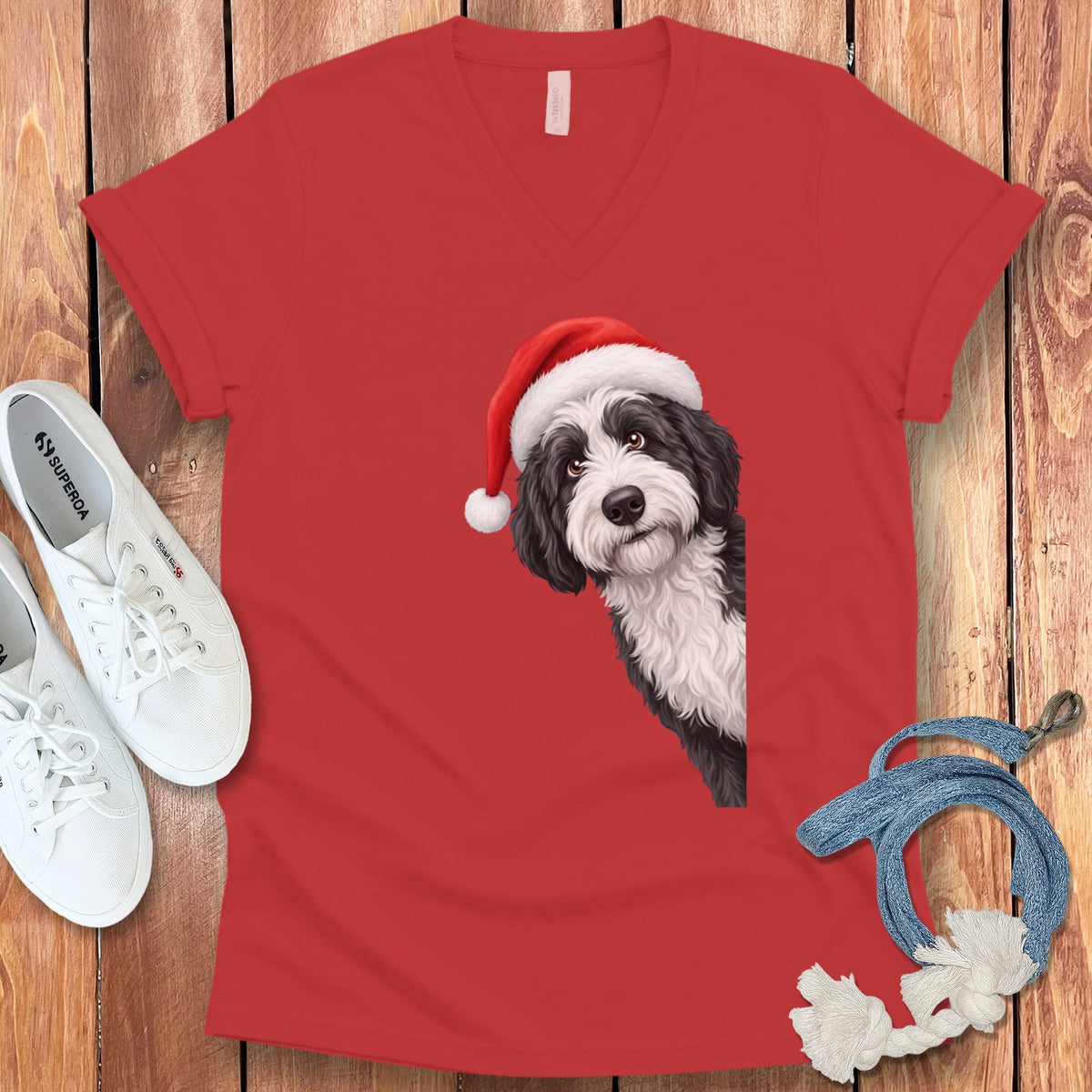Sheepadoodle Holiday Santa V-Neck T-Shirt in Red / S by Puppy Jo