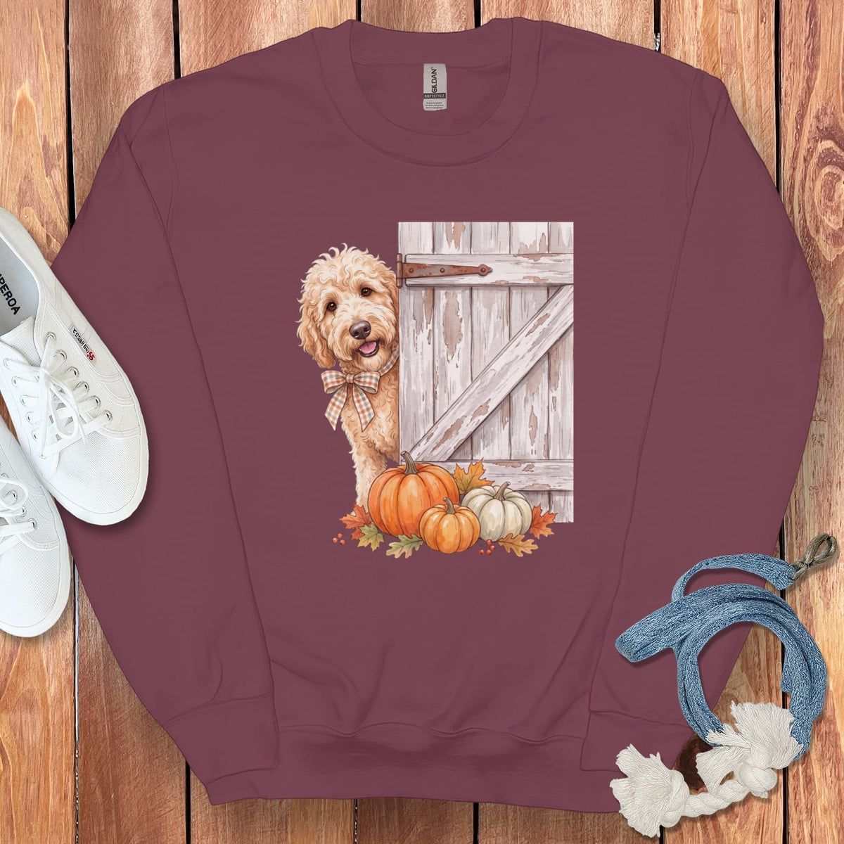 Cream Goldendoodle Barn Peeking Sweatshirt in Maroon / S by Puppy Jo