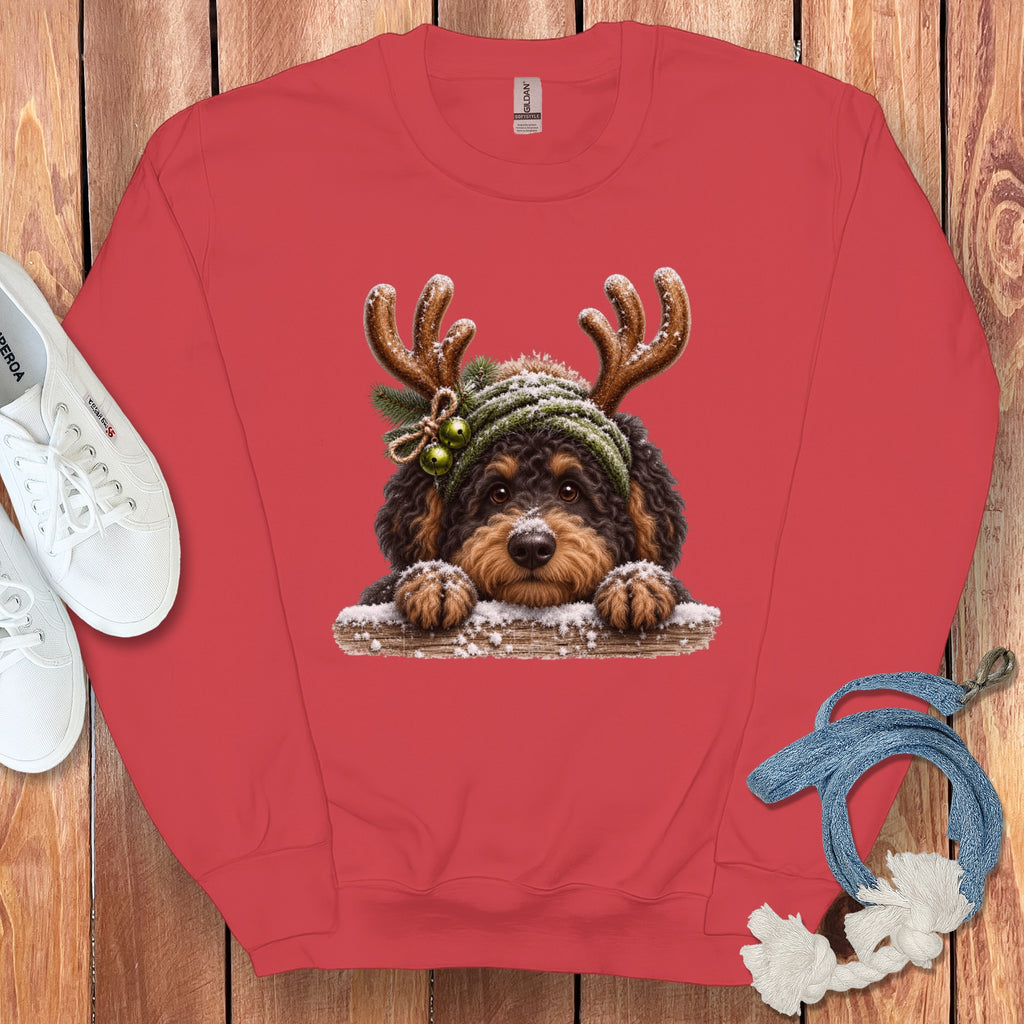 Red sweatshirt with a cartoon dog wearing reindeer antlers and a green hat.