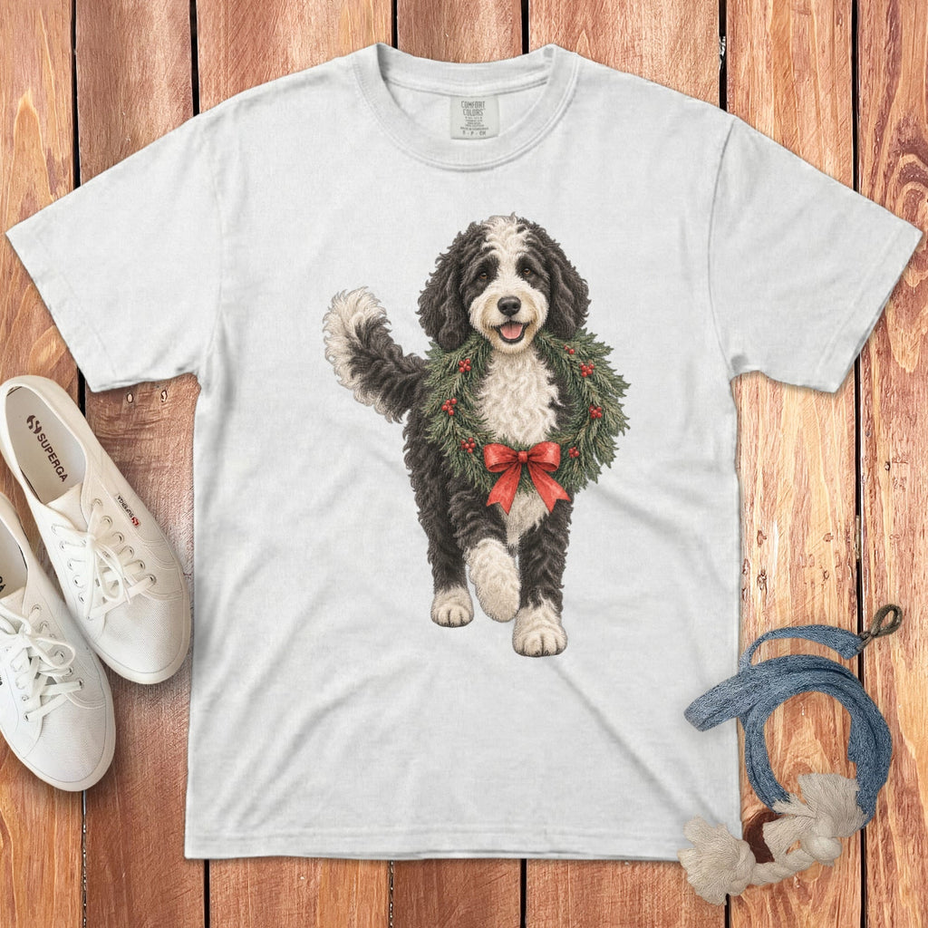 Sheepadoodle Wreath Signature T-Shirt in White / S by Puppy Jo