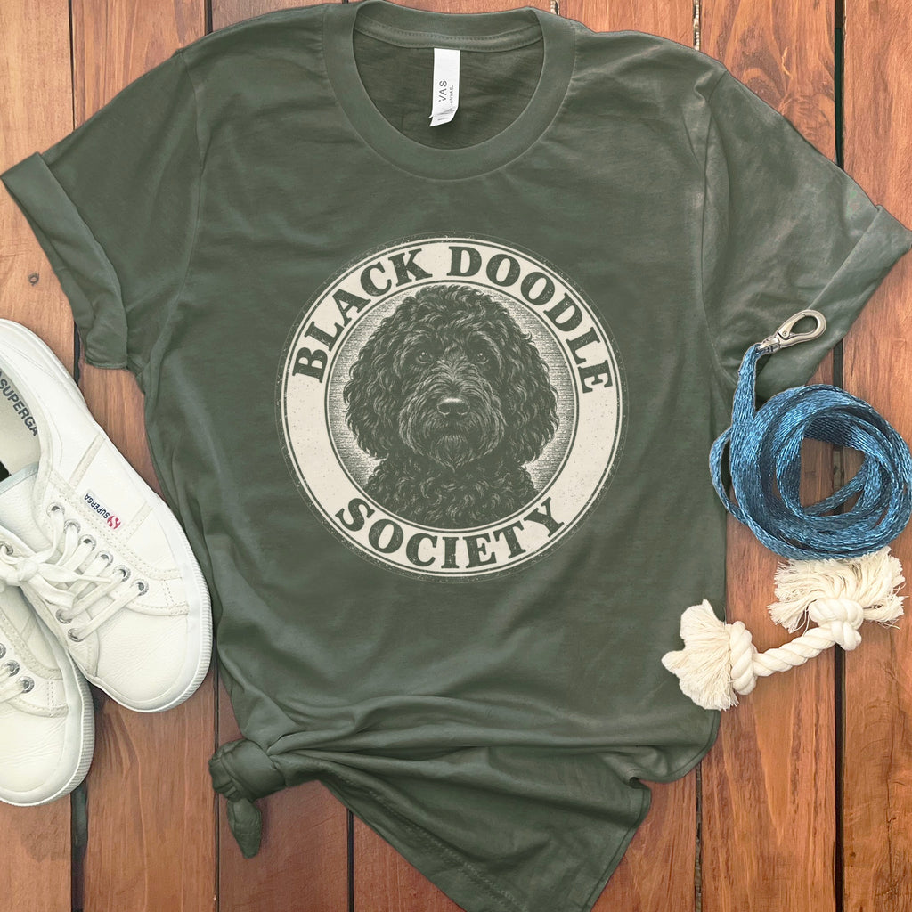 Olive t-shirt with "Black Doodle Society" text and doodle dog graphic.