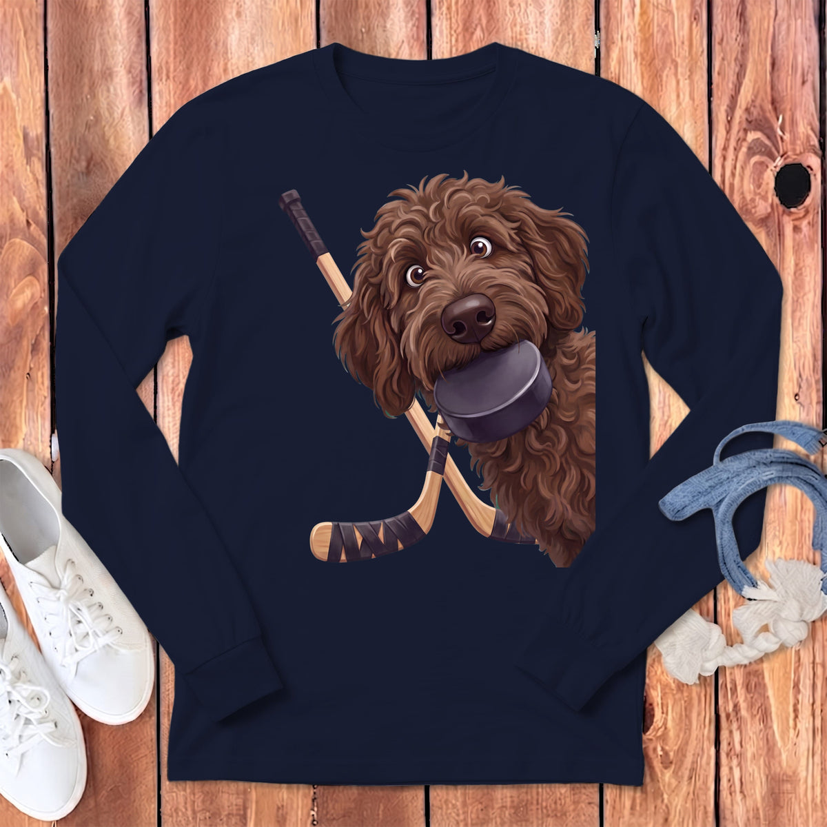 Chocolate Goldendoodle Hockey Long Sleeve T-Shirt in Navy / S by Puppy Jo