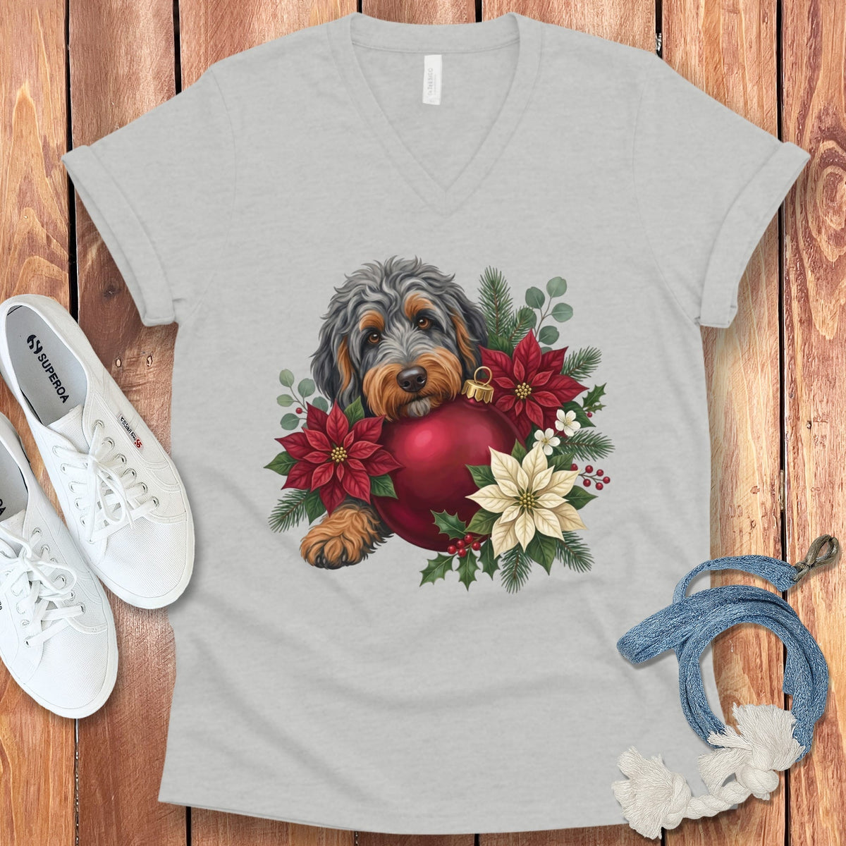 Phantom Goldendoodle Holiday Cheer V-Neck T-Shirt in Athletic Heather / S by Puppy Jo
