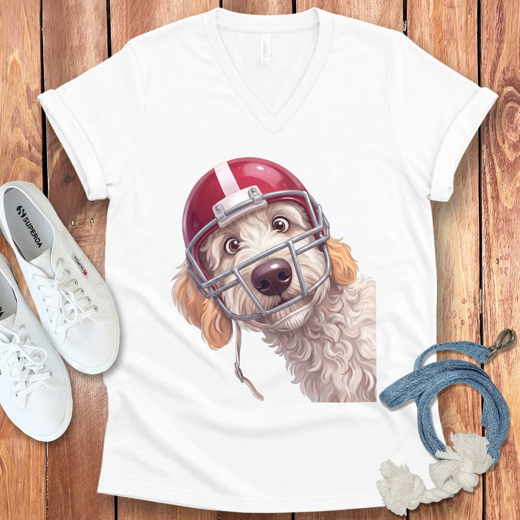 Maltipoo Football Helmet V-Neck T-Shirt in White / S by Puppy Jo