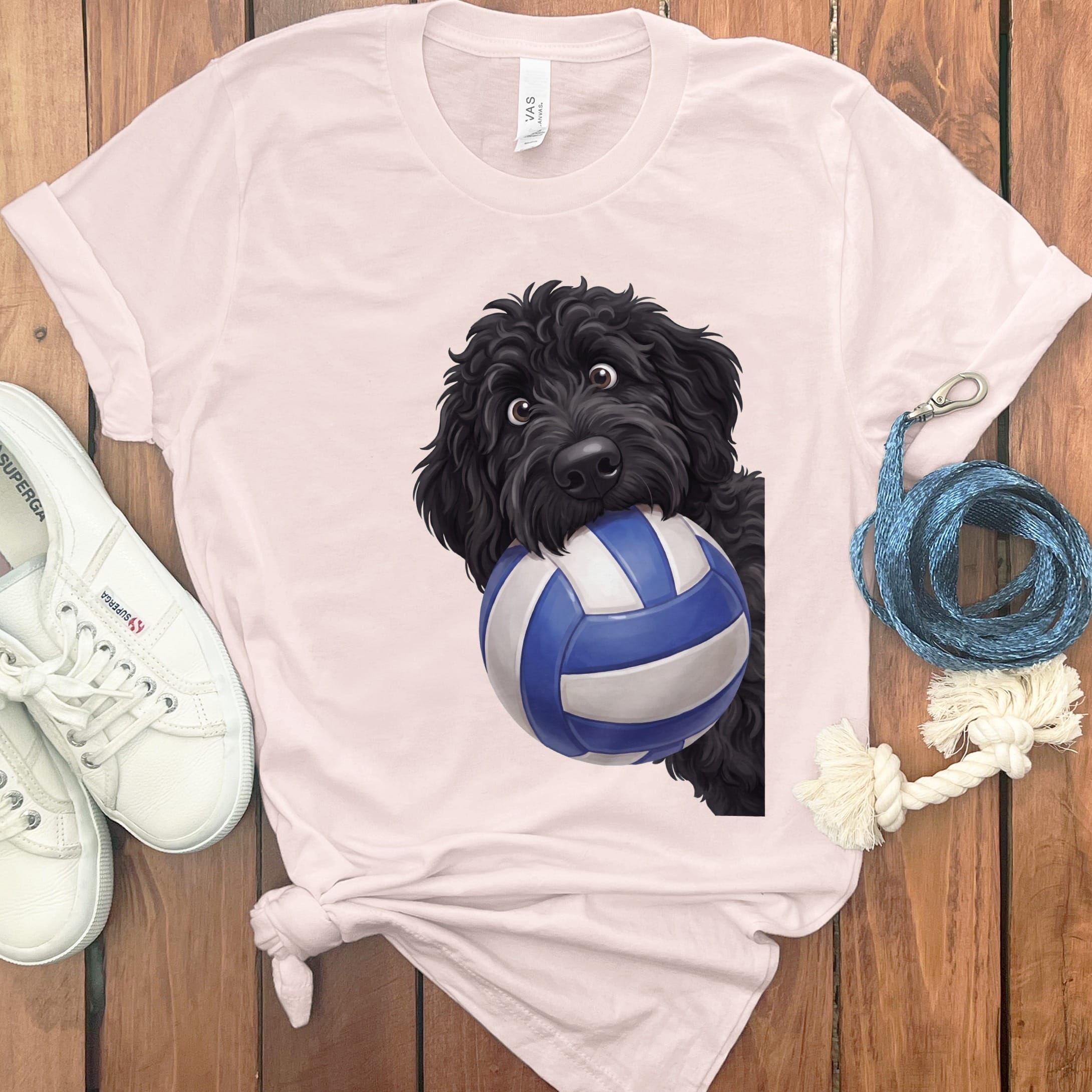Black Goldendoodle Volleyball T-Shirt in Soft Pink / S by Puppy Jo