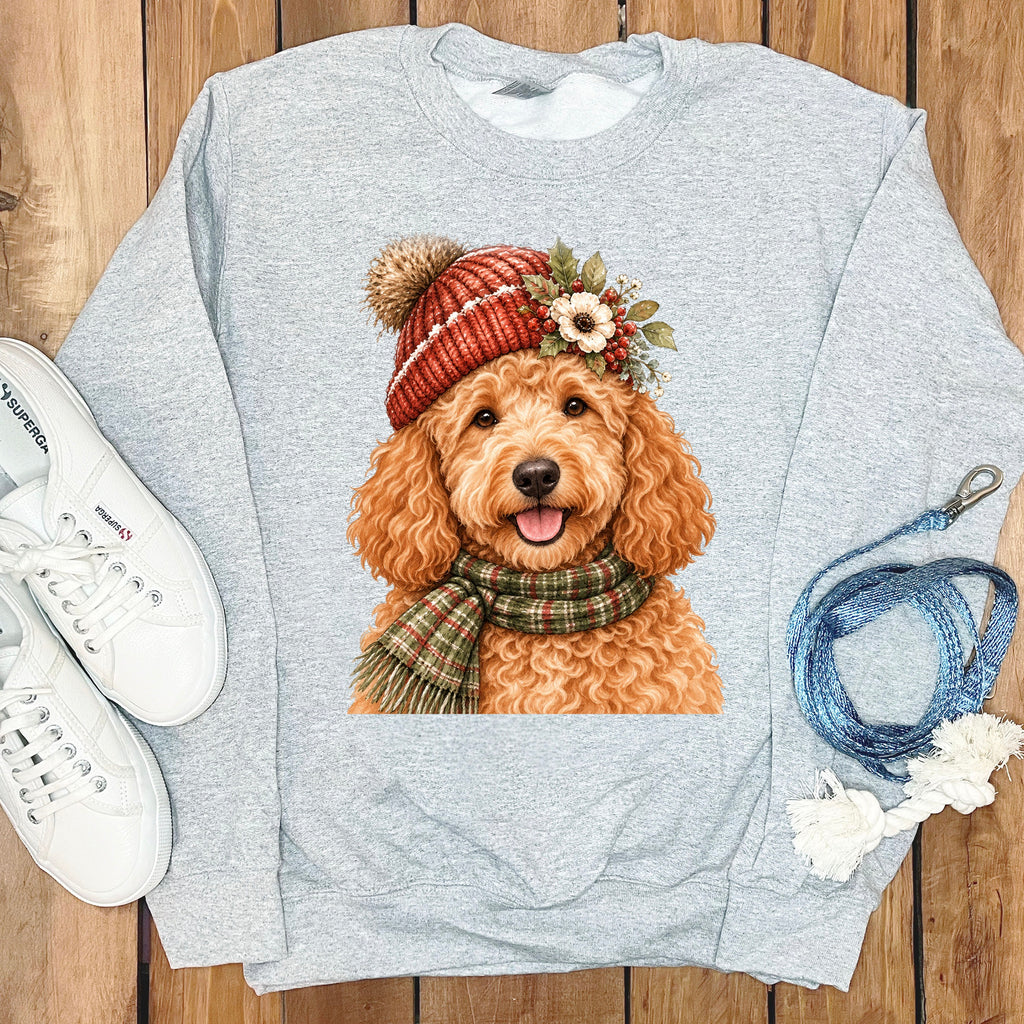Gray sweatshirt with watercolor illustration of a golden doodle dog wearing a hat and scarf.