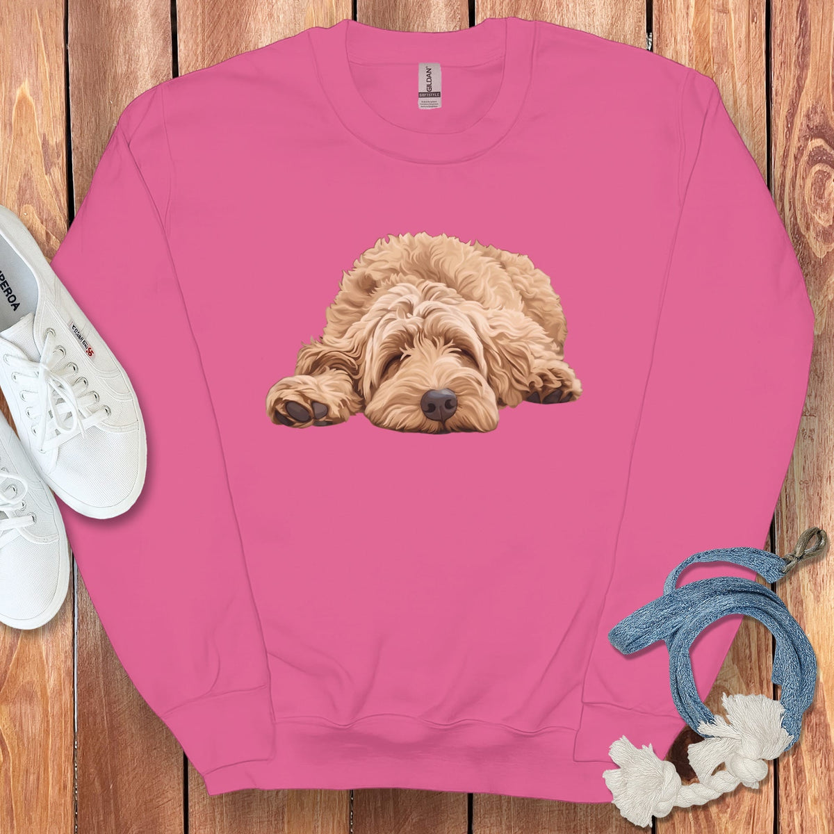 Golden Goldendoodle Snoozing Sweatshirt in Heliconia / S by Puppy Jo