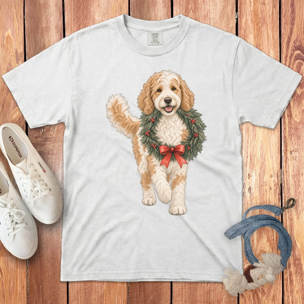 Parti Goldendoodle Wreath Signature T-Shirt in White / S by Puppy Jo