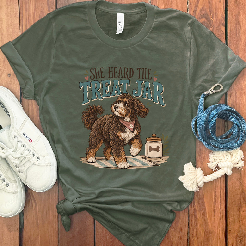 T-shirt with brown dog, treat jar, and text "She Heard The Treat Jar".
