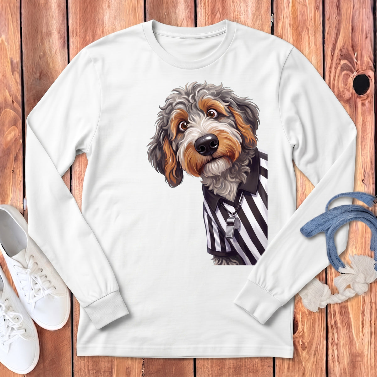 White long-sleeve shirt with a doodle dog wearing a referee shirt and whistle.