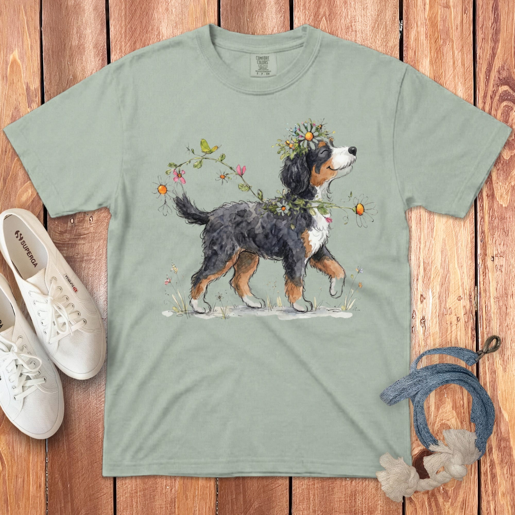 Bernese Mountain Dog wearing floral crown on t-shirt with Superga sneakers and rope.