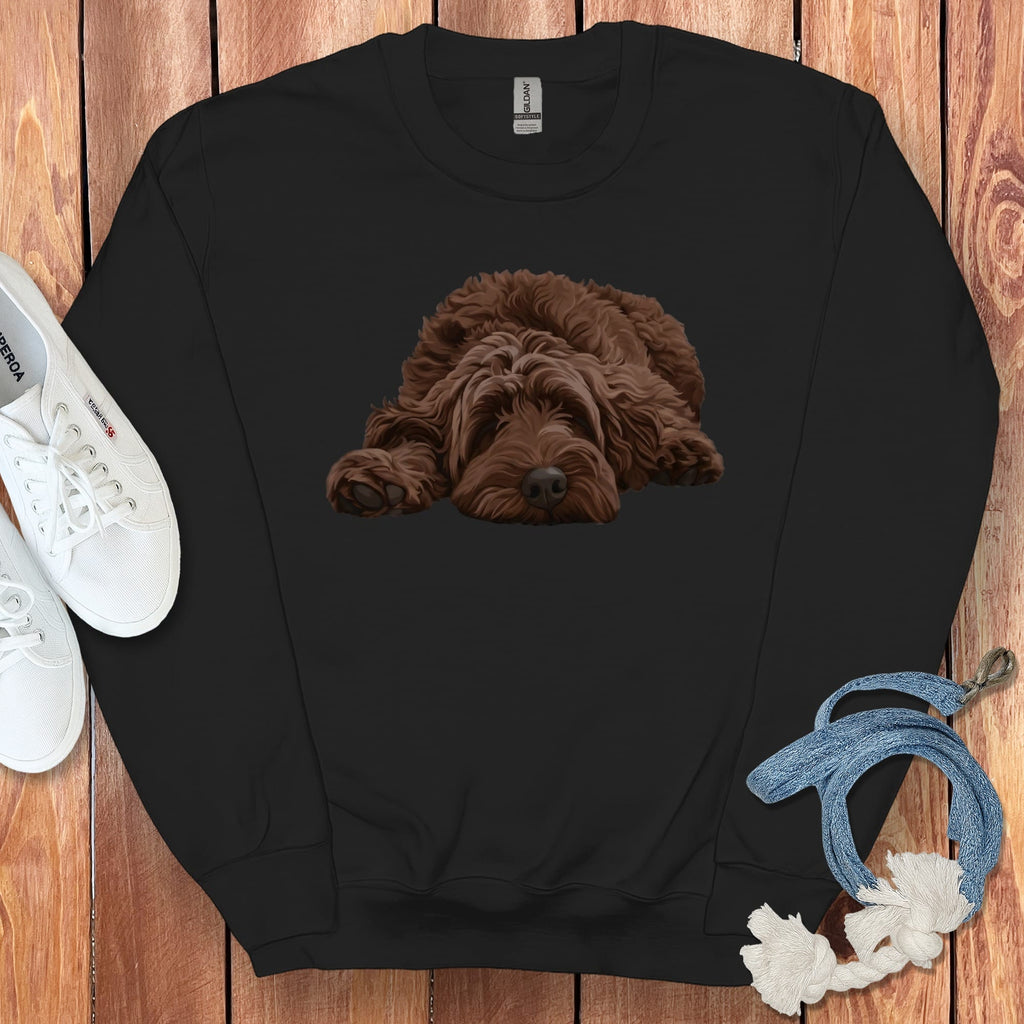 Chocolate Goldendoodle Snoozing Sweatshirt in Black / S by Puppy Jo