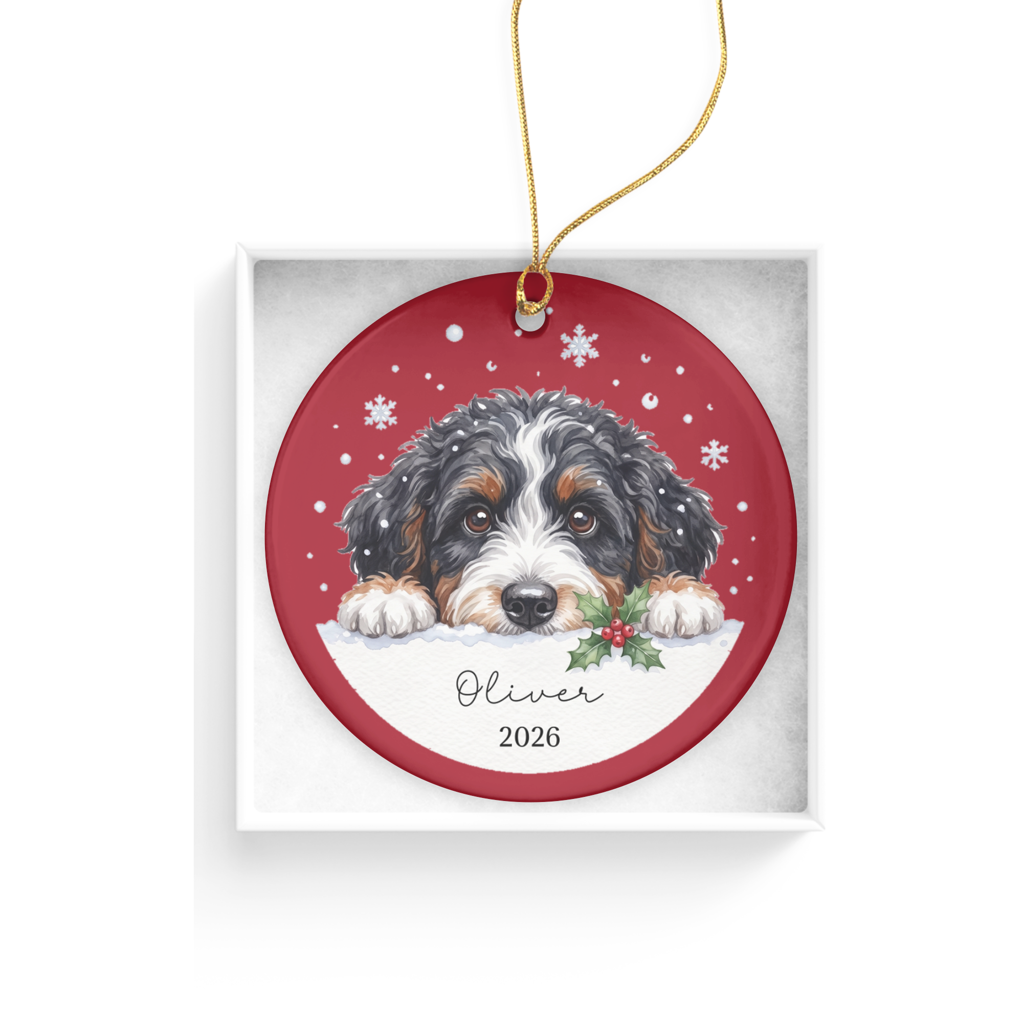 Peeking Snow Bernedoodle Ornament