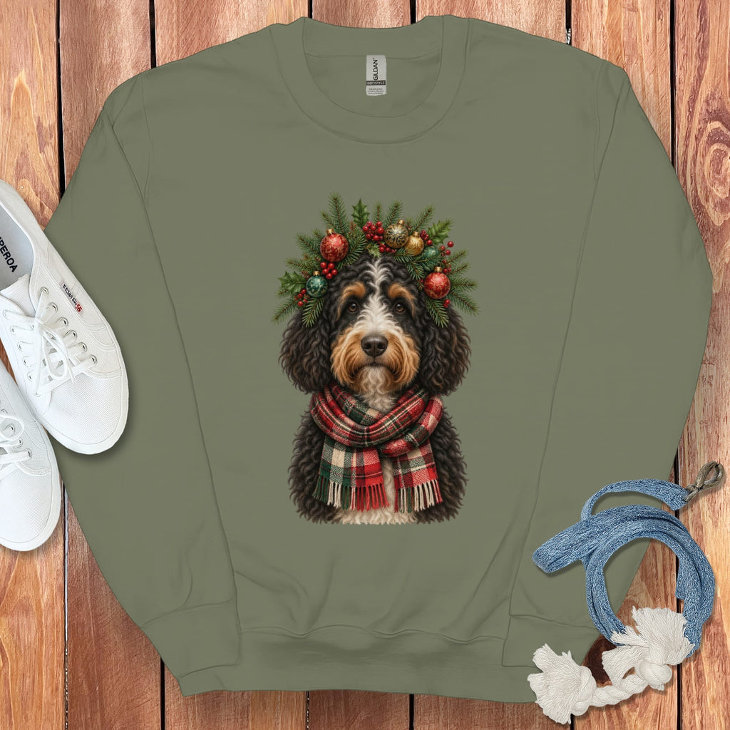 Bernedoodle Holiday Crown Sweatshirt in Military Green / S by Puppy Jo