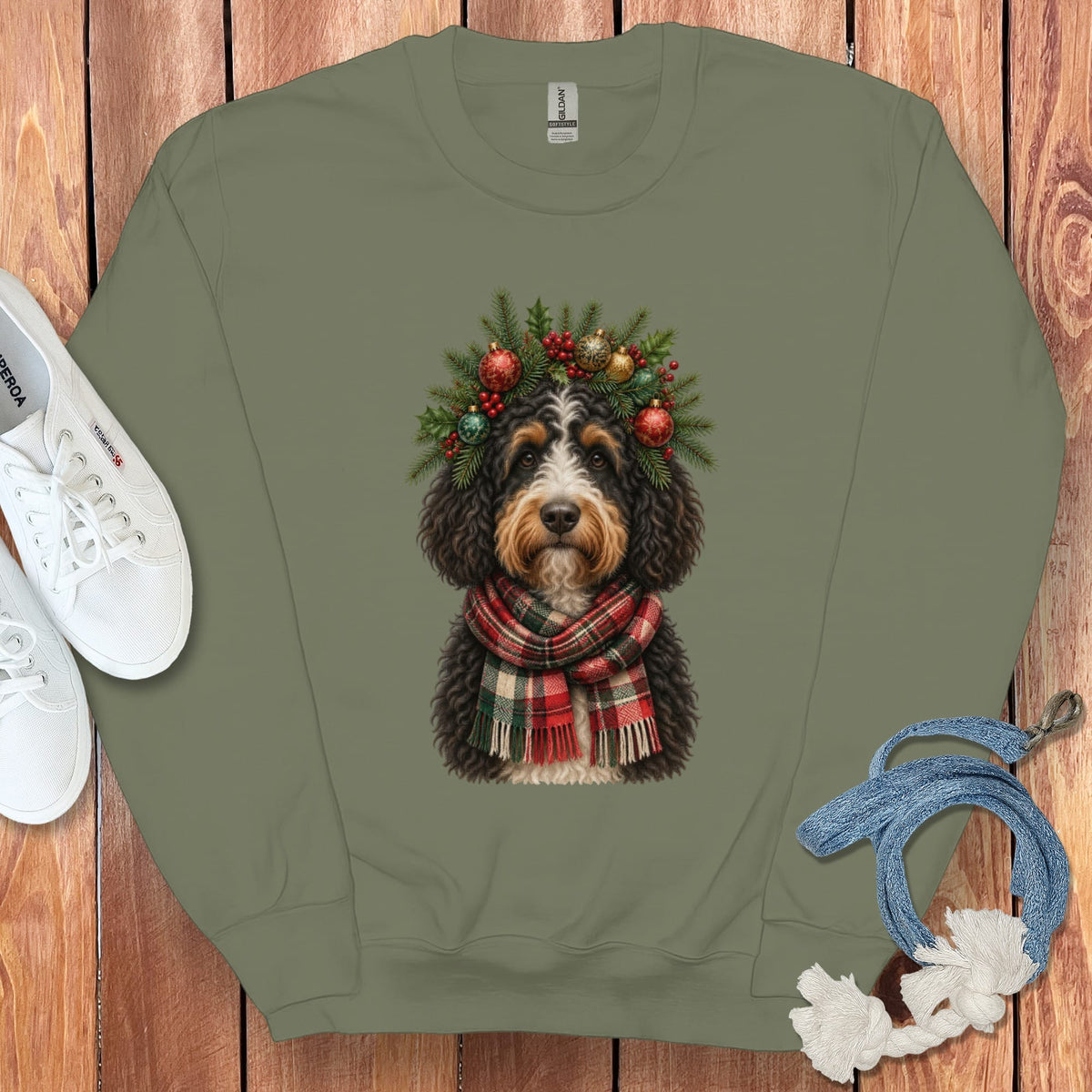 Bernedoodle Holiday Crown Sweatshirt in Military Green / S by Puppy Jo