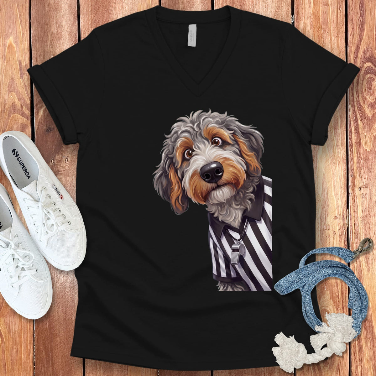 Aussiedoodle Football Referee V-Neck T-Shirt in Black / S by Puppy Jo