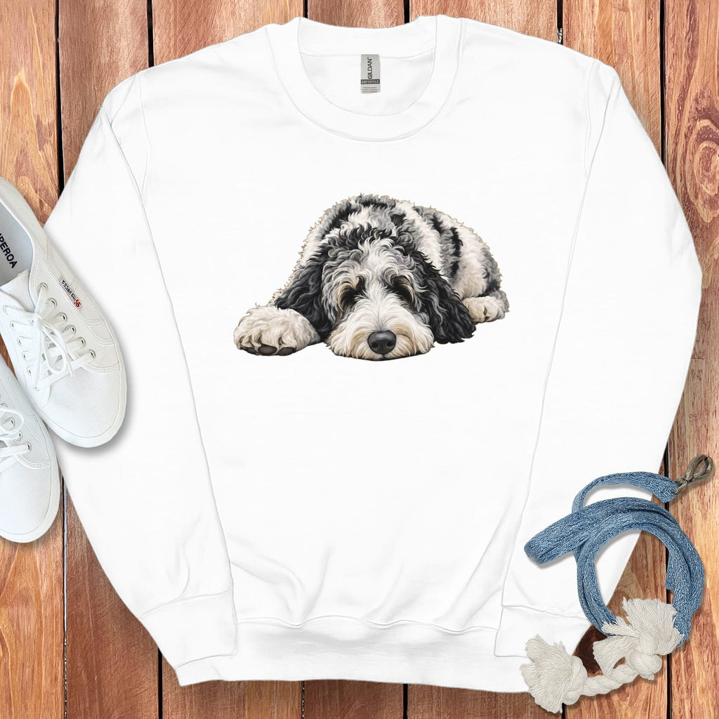 Merle Goldendoodle Snoozing Sweatshirt in White / S by Puppy Jo