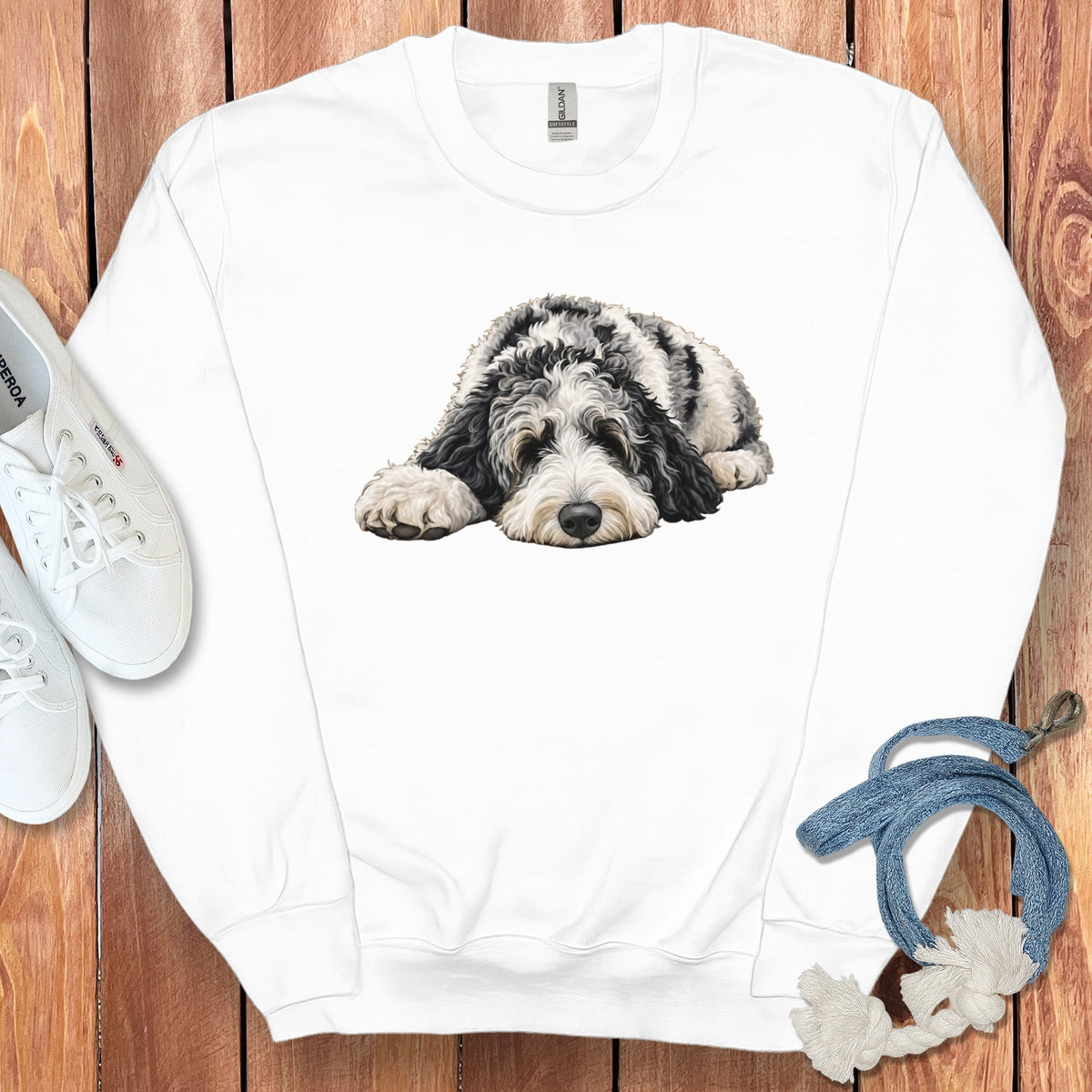 Merle Goldendoodle Snoozing Sweatshirt in White / S by Puppy Jo