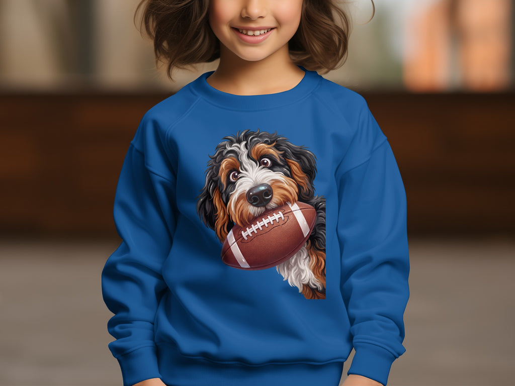 Bernese mountain dog holding a football graphic on a blue sweatshirt.