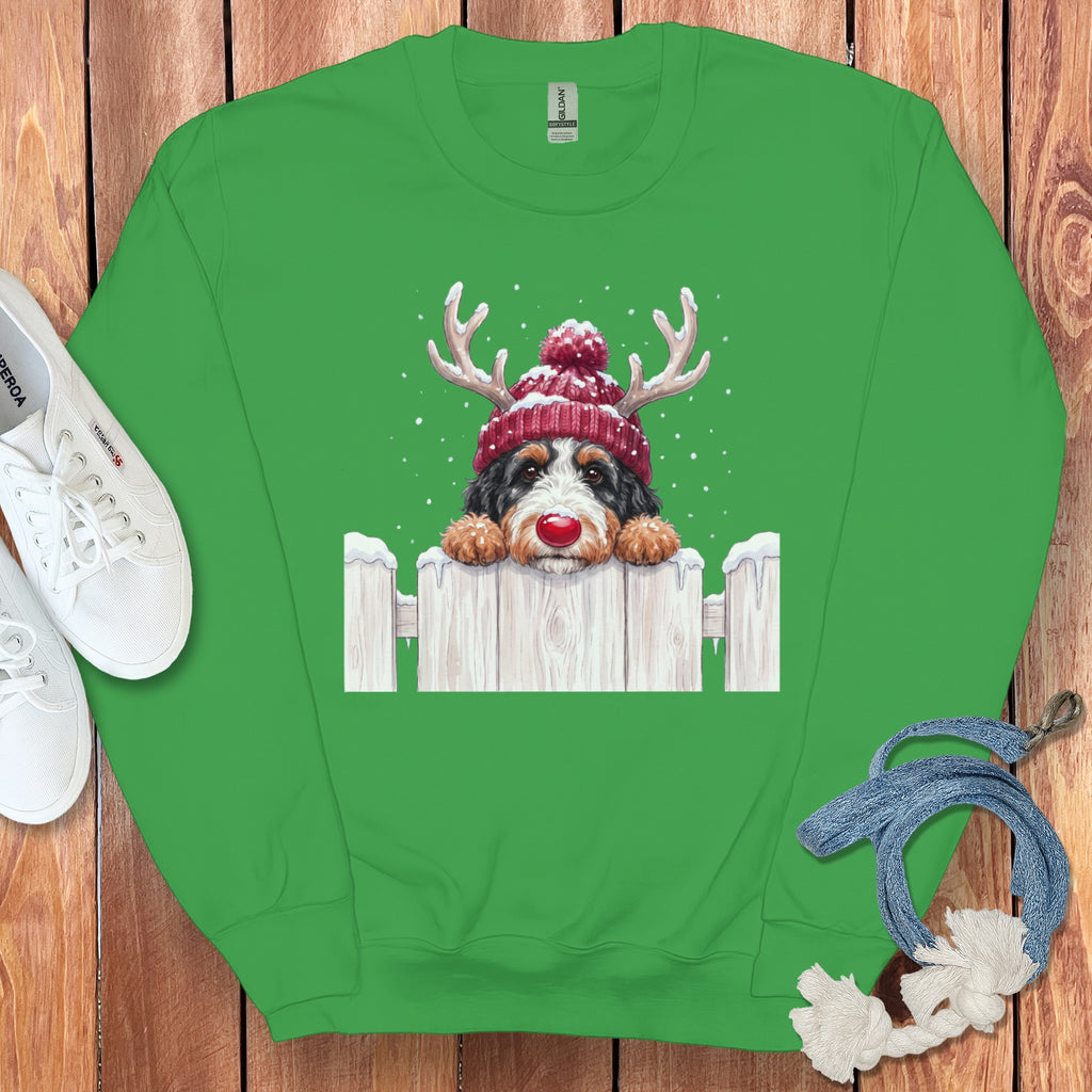 Green sweatshirt with a Bernese Mountain Dog wearing a Rudolph nose and antlers.