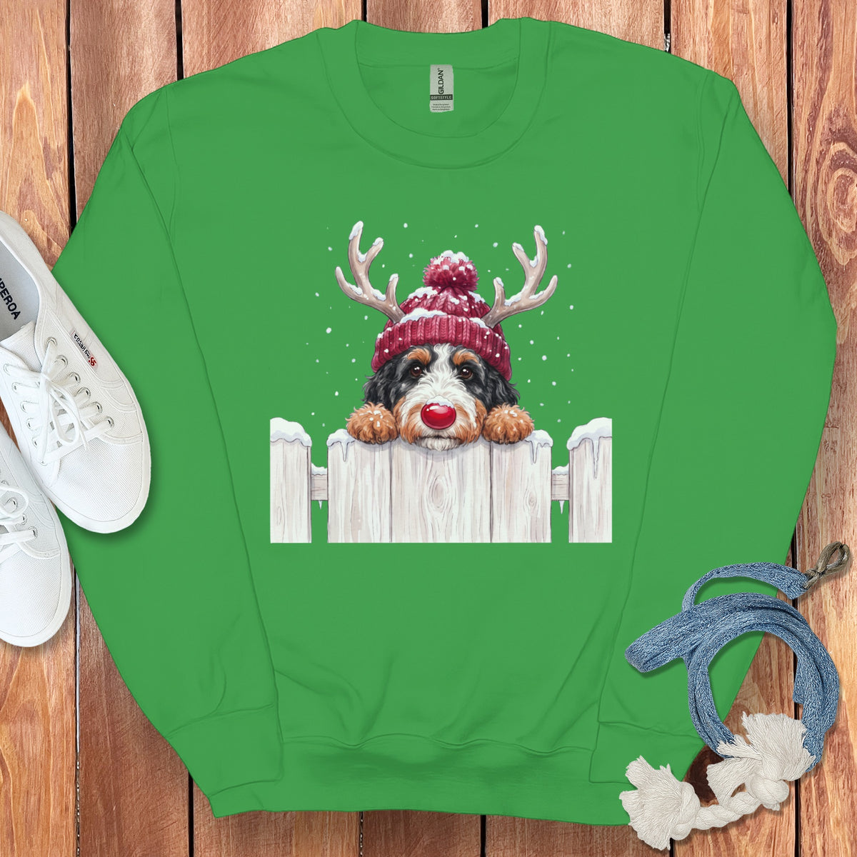 Green sweatshirt with a Bernese Mountain Dog wearing a Rudolph nose and antlers.