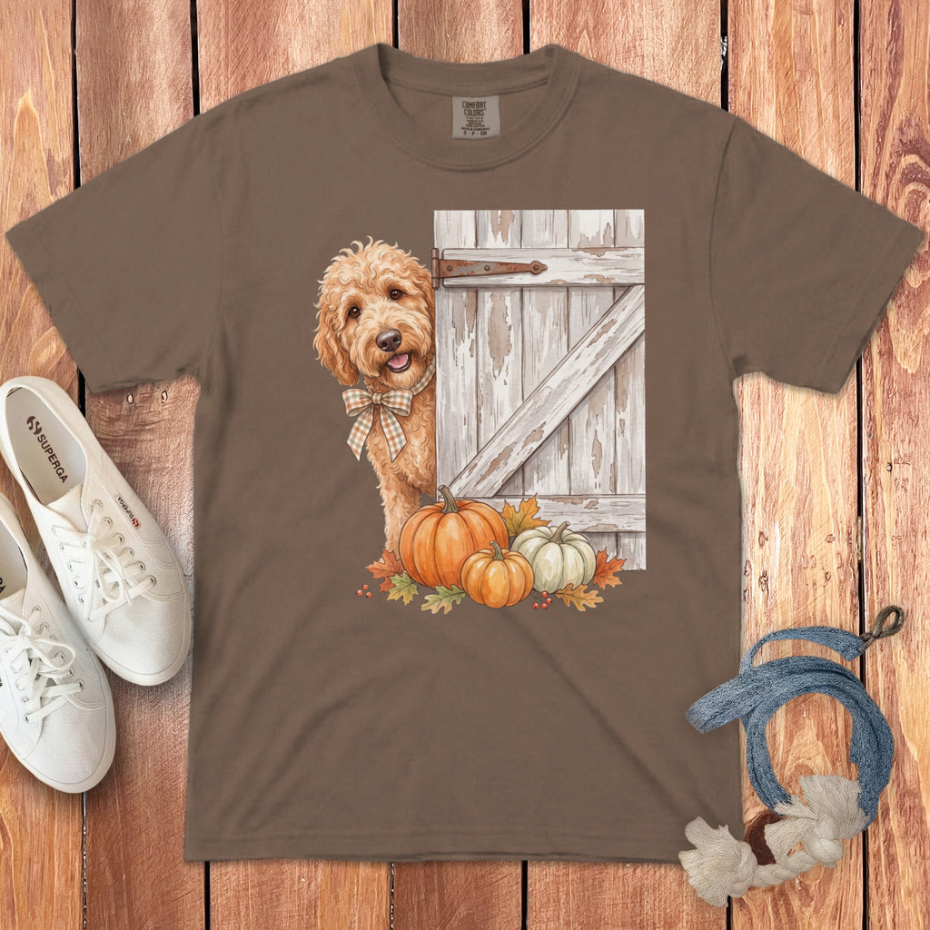 Brown t-shirt with watercolor dog, pumpkins, and barn door graphic.