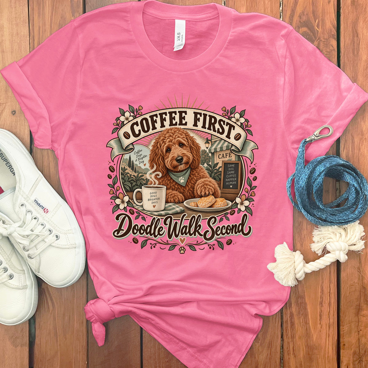 Pink t-shirt with "Coffee First, Doodle Walk Second" and a doodle dog design.