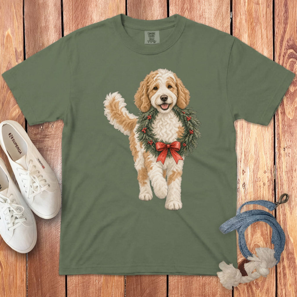 Parti Goldendoodle Wreath Signature T-Shirt in Moss / S by Puppy Jo