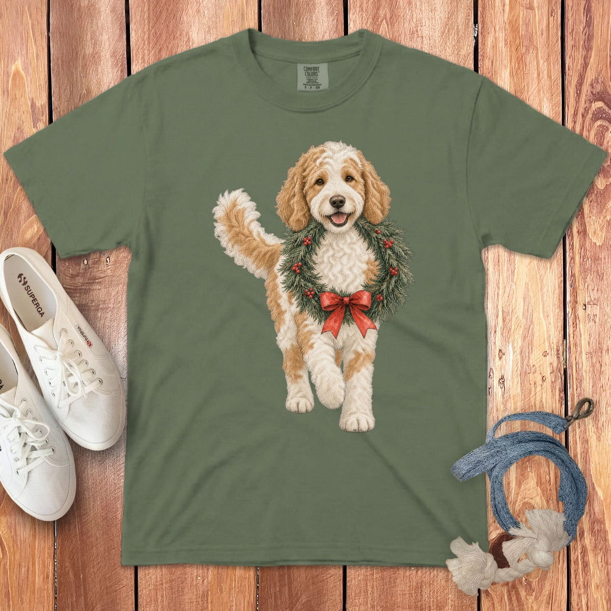 Parti Goldendoodle Wreath Signature T-Shirt in Moss / S by Puppy Jo
