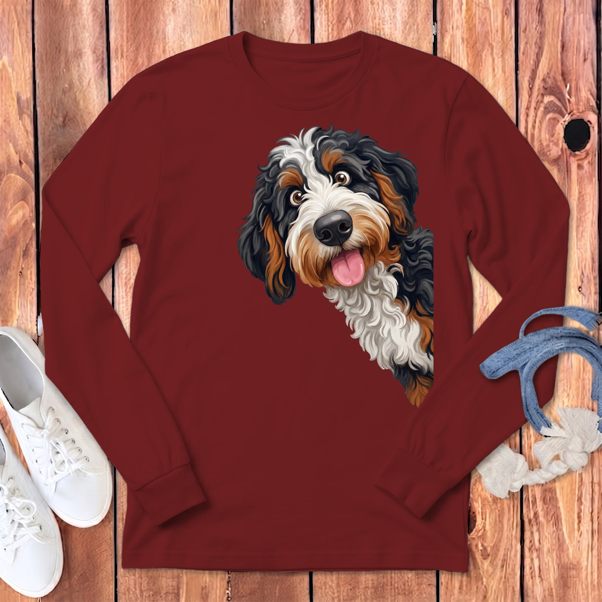 Bernese Mountain Dog illustration on a maroon long-sleeve shirt with white sneakers.
