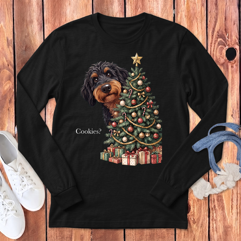 Black long sleeve shirt with a dog and Christmas tree graphic saying "Cookies?"