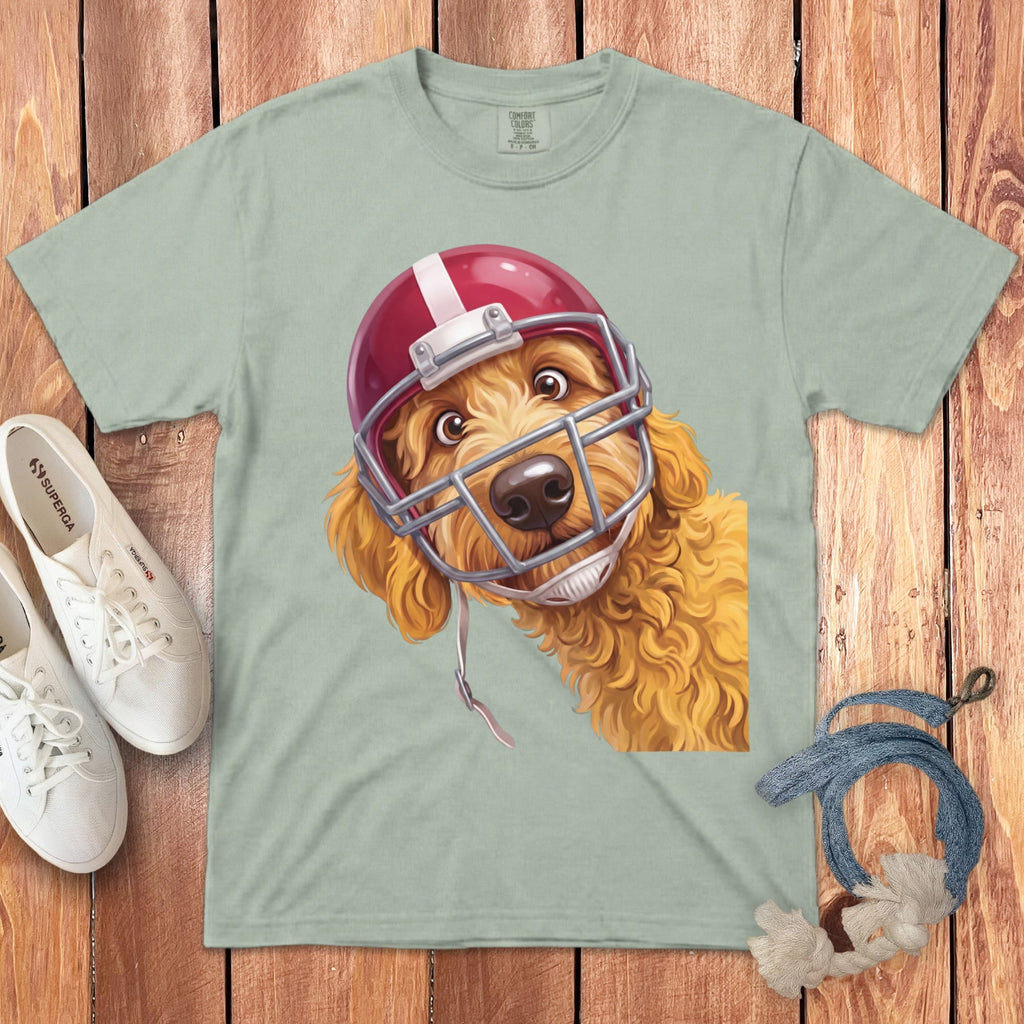 Golden Goldendoodle Football Helmet Signature T-Shirt in Bay / S by Puppy Jo