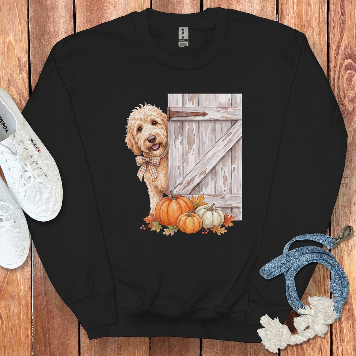 Cream Goldendoodle Barn Peeking Sweatshirt in Black / S by Puppy Jo
