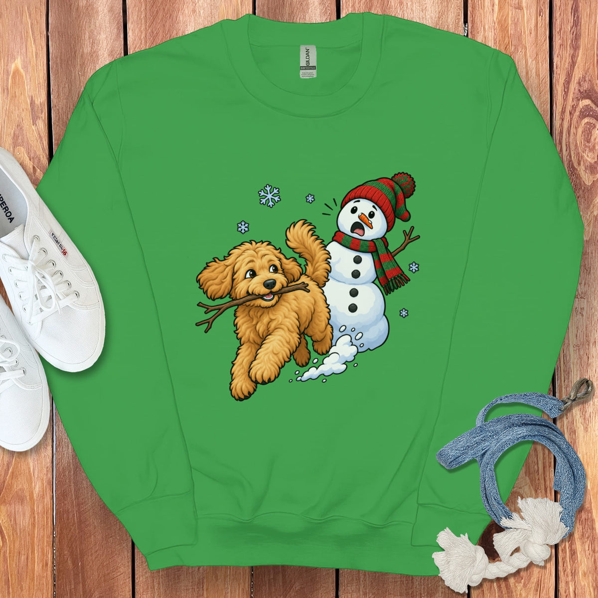 Apricot Goldendoodle Snowman Sweatshirt in Irish Green / S by Puppy Jo