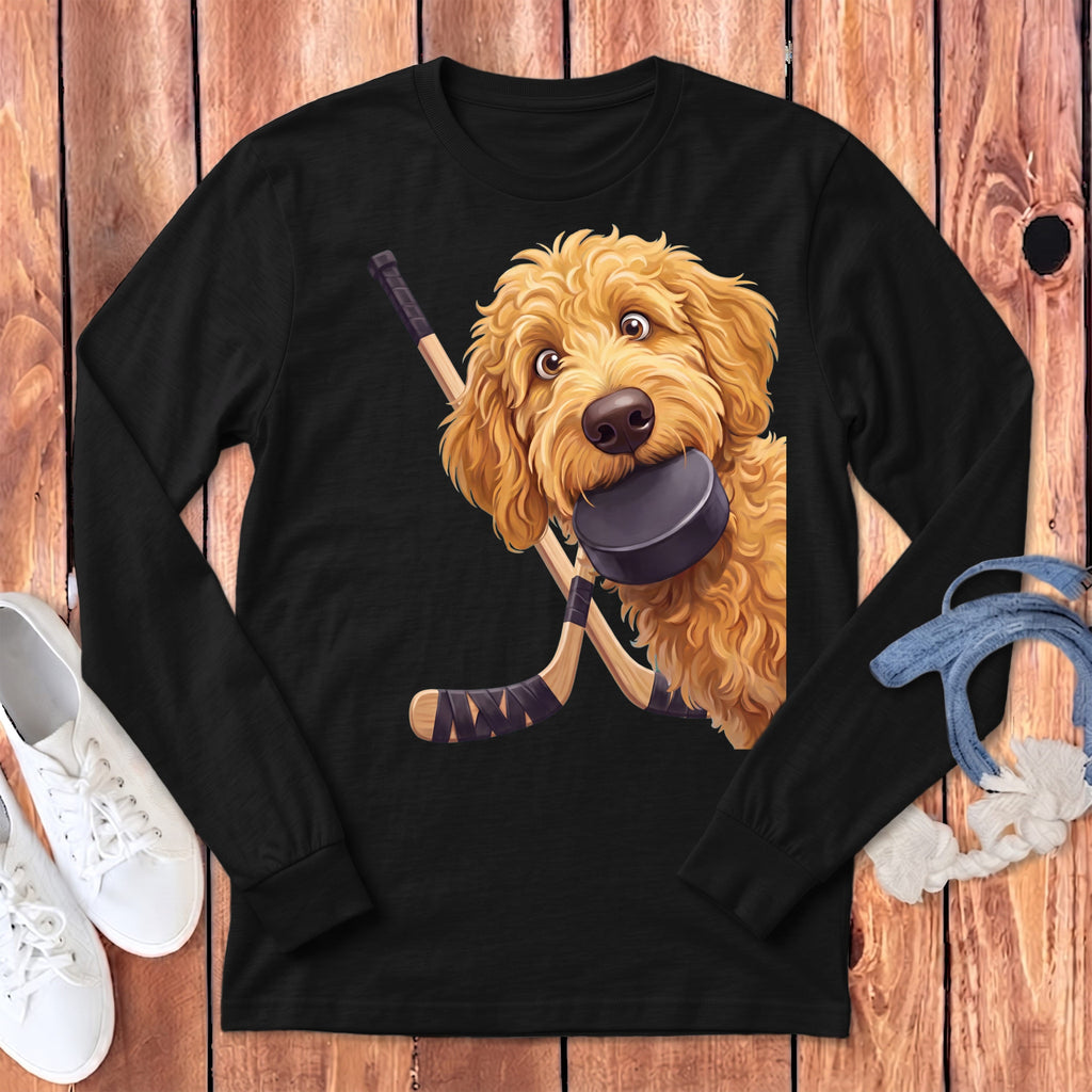 Golden Goldendoodle Hockey Long Sleeve T-Shirt in Dark Grey Heather / S by Puppy Jo