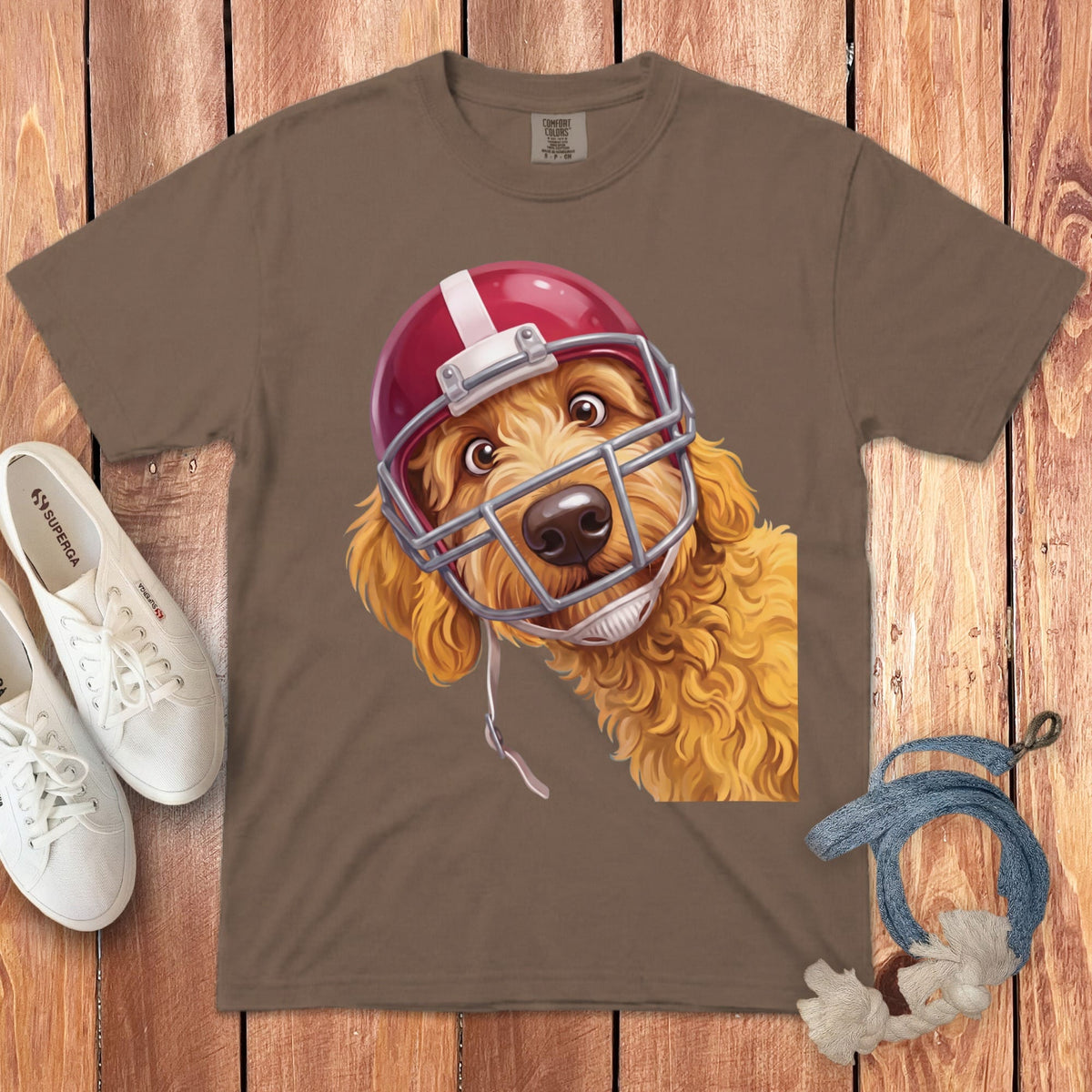 Golden Goldendoodle Football Helmet Signature T-Shirt in Espresso / S by Puppy Jo