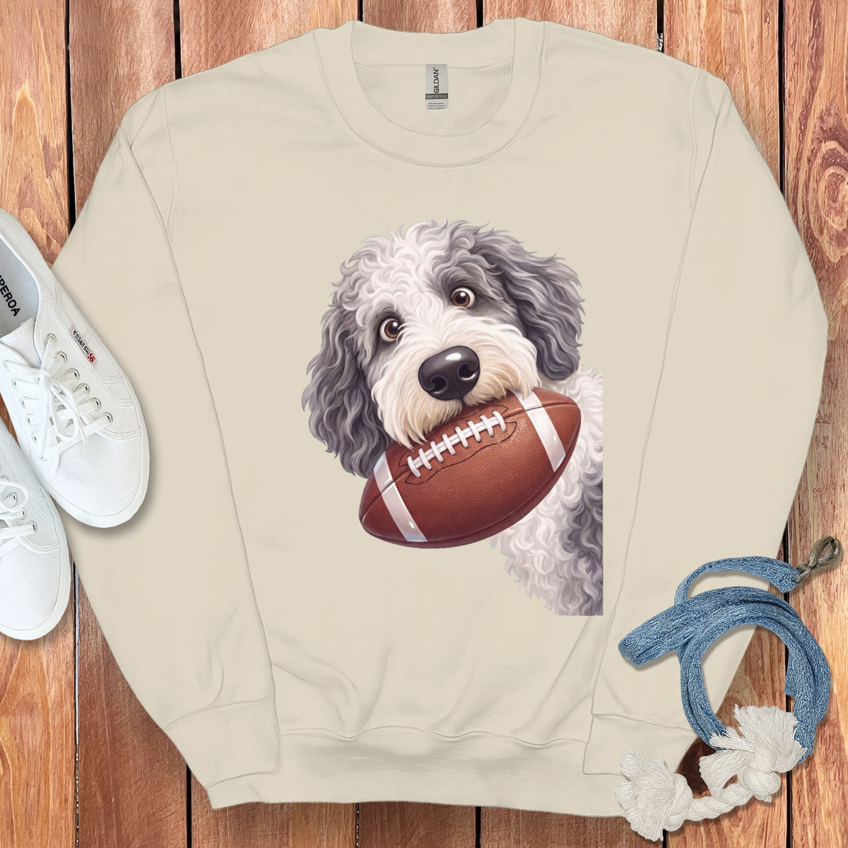 Sheepadoodle Football Sweatshirt in Sand / S by Puppy Jo