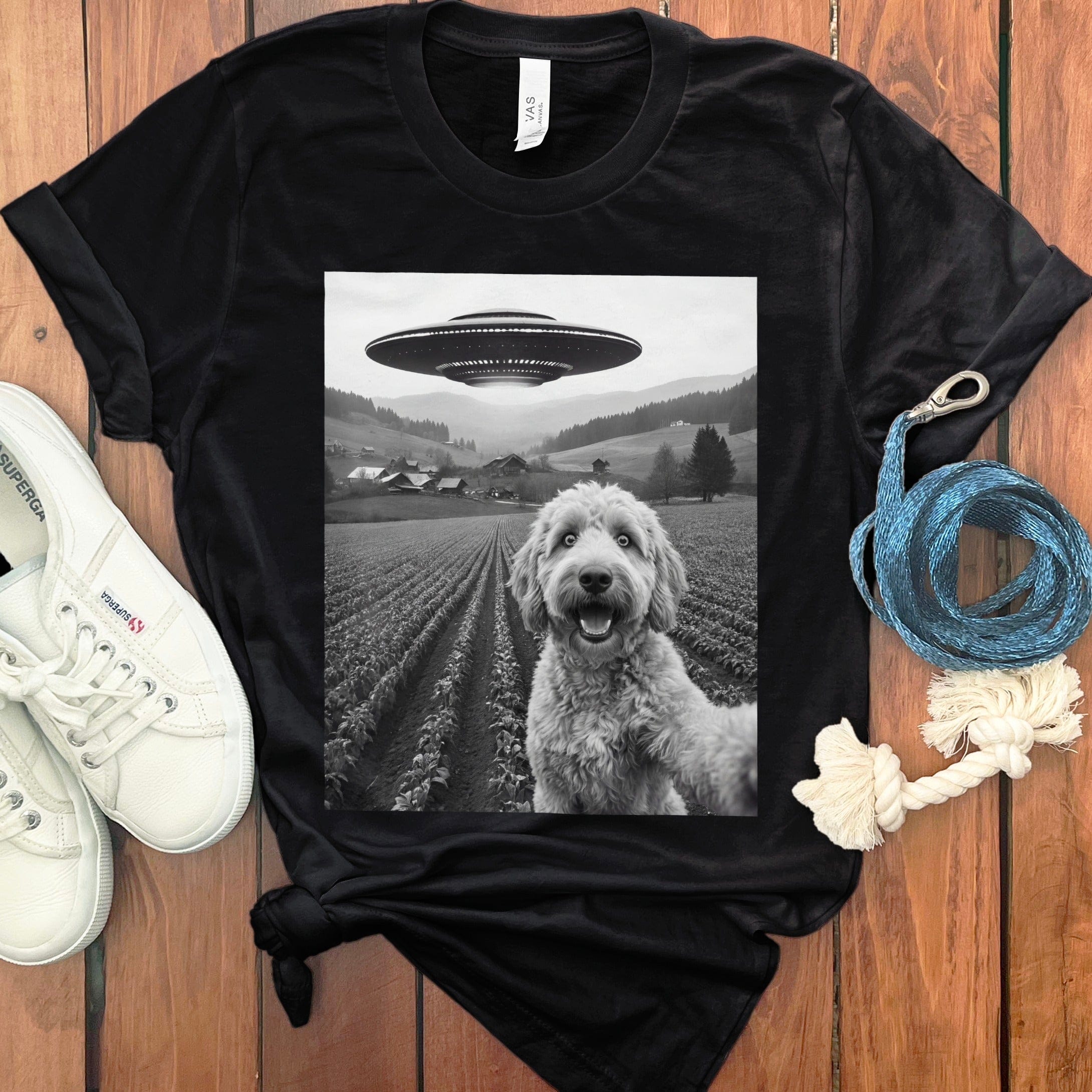Dog and UFO Over Farm Scene Graphic T-Shirt